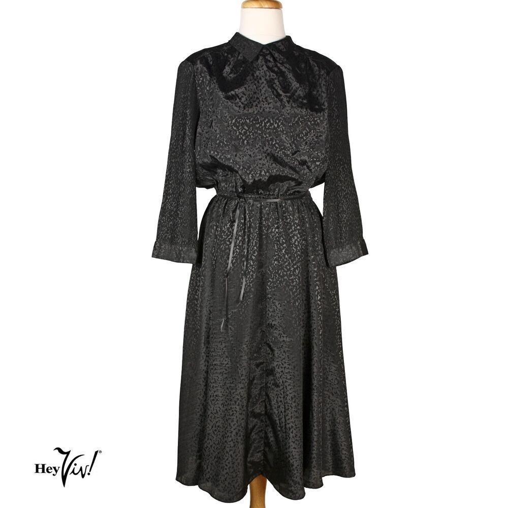 Vintage 80s Carriage Court Black Dress Pleated Padded Shoulders Size 10 -Hey Viv